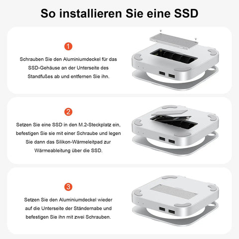 Step-by-step guide for installing SSD in Heavy Hitter Mac Mini M4 Stand Hub, showcasing the SSD compartment and connections.