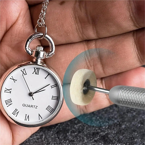 Mini Wool Felt Polishing Brush Wheel Set 40 Pc 1 Inch Wool Felt Grinding Buffing Heads 3mm Shank polishing a pocket watch.