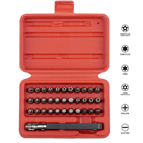 Torx Bit Set With Mini Ratchet Wrench 1/4 Inch Drive 34-Piece Kit For Security Torx Screws Chrome Vanadium Bits in red case