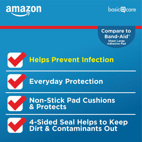 Image showcasing benefits of Sheer Adhesive Pad Bandages For Minor Cuts And Scrapes, Extra Large 3 X 4 In, Non Stick Pad, Flexible, Skin Safe.