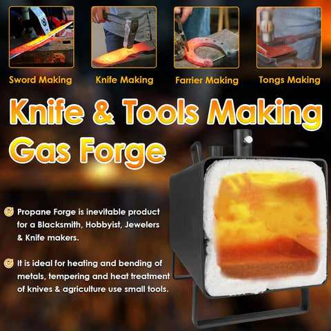 Beefy Portable Propane Forge With Double Burner 2300F Max Heat Large Square Capacity used for knife and tool making.