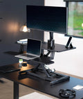 36 Inch Electric Desk Converter For Sit To Stand Dual Monitor And Laptop Workstation With Wide Keyboard Tray in Black Finish