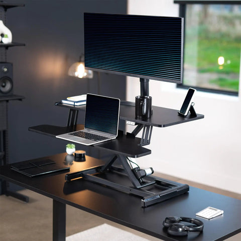 36 Inch Electric Desk Converter For Sit To Stand Dual Monitor And Laptop Workstation With Wide Keyboard Tray in Black Finish