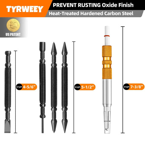 Straight Up Pro 5 Piece Nail Setter And Center Punch Kit With Hinge Pin Remover And Dual Head Tips. 4 pieces in heat-treated carbon steel.