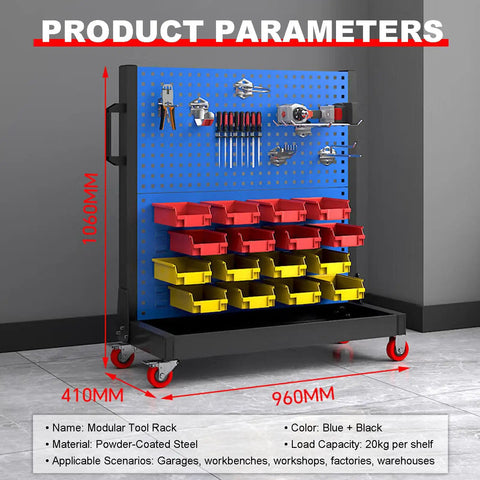Heavy Duty Mobile 4 Tier Steel Workshop Shelving Unit With Wheels And Handle, blue pegboard with red and yellow bins
