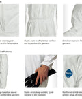 Close-up of Tyvek 400 Hooded Coveralls with elastic wrist, detailed stitching, and black accessory for industrial protection.