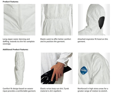Close-up of Tyvek 400 Hooded Coveralls with elastic wrist, detailed stitching, and black accessory for industrial protection.
