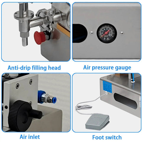 Heavy Duty Pneumatic Paste And Liquid Filling Machine Horizontal Bottle Filler showing anti-drip filling head and air pressure gauge.