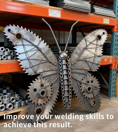 Metal butterfly sculpture on a shelf made of gears and rods, showcasing welding skills and creativity in a workshop setting.