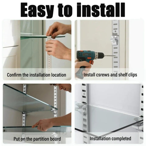 Hold Everything Tight With These Tough As Nails 14 Pack 17.5 Inch Black Metal Pilaster Shelf Brackets Featuring 36 Easy Snap Clips And Complete Wall Mounting Kit installation steps with drill and clips.