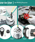 Installation steps of 24V RS555 High Speed Gearbox Motor Upgrade For Kids Ride On Cars, illustrating no welding required process