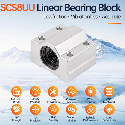 4 Pack SCS8UU Linear Bearing Blocks Featuring Rock Solid Pillow Mounts And Buttery Smooth Eight Millimeter Shaft Fit For Beast Mode Cnc Rig Builds close-up of aluminum block with black bearing housing