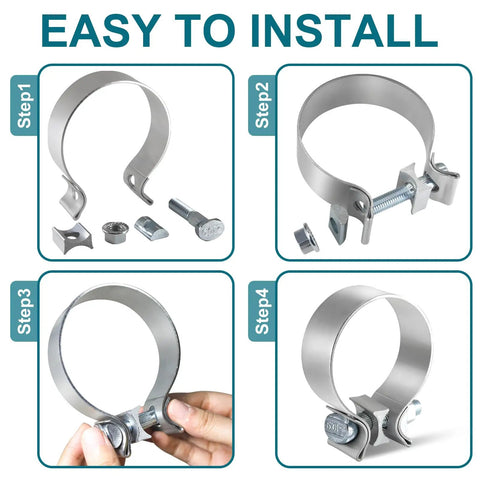Installation steps for 2.5 Inch Exhaust Clamp Set, Narrow Band Muffler Clamps For Stainless Steel Exhaust Pipe, 2 Pack, Rust-Resistant 304 Stainless Steel.