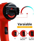 Close-up of 1800W Dual Temperature Heat Gun With 122F To 1202F Range, red and black design, showing temperature controls