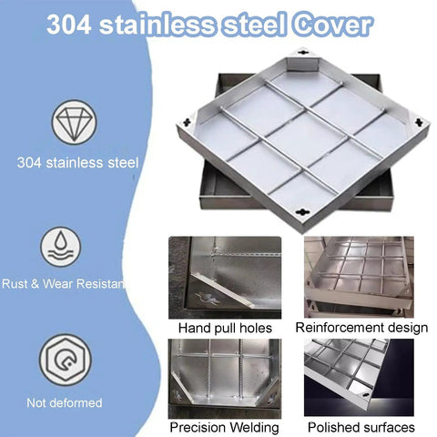 304 stainless steel hidden manhole cover with frame, featuring rust-resistant and reinforced design for outdoor drainage solutions.