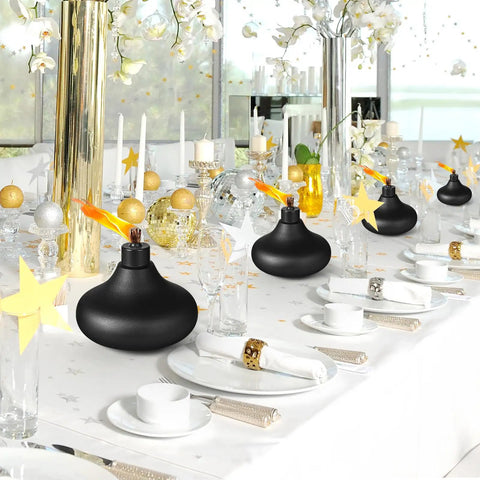 Indoor scene with Six Pack Metal Table Top Torches For Outdoor Use Citronella Fueled Refillable Flame Lights With Wicks And Covers