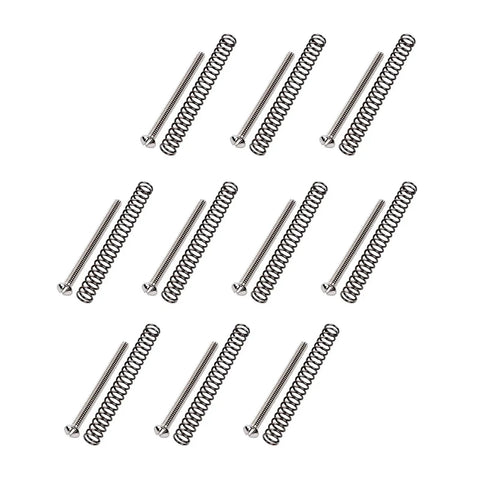Badass Vintage Slotted Head Humbucker Pickup Height Mounting Screws And Return Springs For Gibson Emg Dimarzio Seymour Duncan Guitars laid out in a 10 piece set.