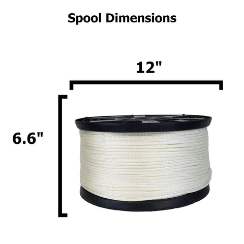 Three Sixteenth Inch Nylon Rope On A 1000 Foot Spool showing spool dimensions, 12 inches wide and 6.6 inches tall, solid braid