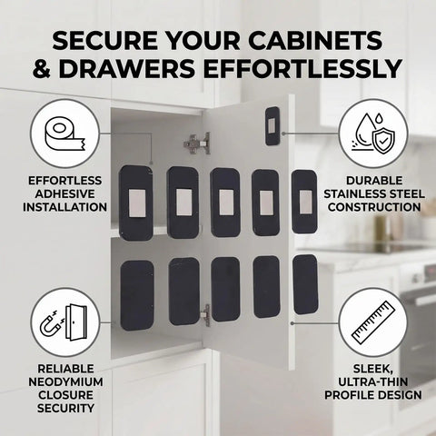Open cabinet with Magnetic Cabinet Door Catch Set 20 Piece Adhesive Back Magnetic Latch With Stainless Steel Construction