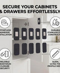 Magnetic Cabinet Door Catch Kit with Adhesive Mount installation shown on open kitchen cabinet door with icons for features.