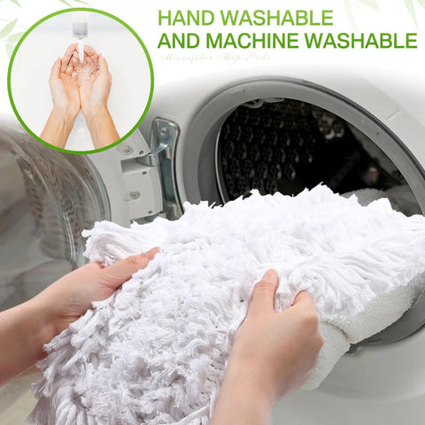 Hands placing a white cotton dust mop head in a washing machine, showcasing Three Pack 36 Inch Cotton Dust Mop Heads Commercial Refill Hella Thick Cotton Loop No Sweat Swapping Killer Absorbency For Warehouse And Hallway Floors Always.