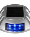 Close-up of Blue Solar Deck Lights 8 Pack Wireless Waterproof Pathway Garden Step Lights With 6 LEDs for Decks and Walkways.