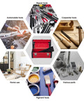 Heavy Duty 16 Inch Steel Tool Box With Aluminum Alloy Handle Double Lock Removable Tray surrounded by various tools and uses