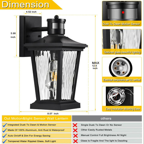 Outdoor Wall Lights With Motion Sensor Black Porch Lighting With One Button Control Three Modes From Dim To Bright