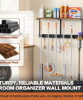All In One Broom Holder Wall Mount With Cleaning Supplies Organizer showing grippers and hooks, ideal for laundry room storage.