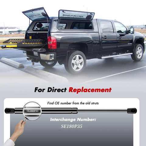 Heavy Duty Gas Lift Struts For Pickup Truck Camper Shell Smooth Rear Window Canopy Support Set That Swaps In No Sweat. Truck with opened shell.