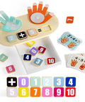 Totally Kid Approved Wooden Number Blocks And Soft Felt Hand Puppets Paired With Double Sided Math Flashcards For Super Fun Preschool Addition Learning. Set includes colorful number blocks, math cards, and hand puppets on wooden board.
