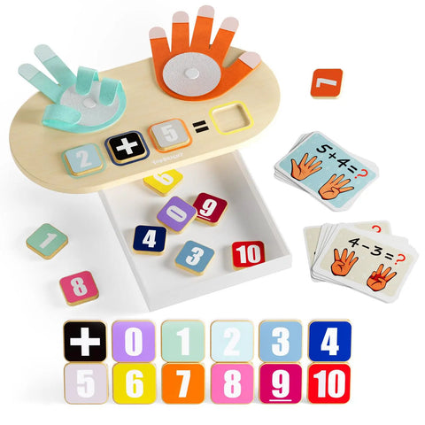 Totally Kid Approved Wooden Number Blocks And Soft Felt Hand Puppets Paired With Double Sided Math Flashcards For Super Fun Preschool Addition Learning. Set includes colorful number blocks, math cards, and hand puppets on wooden board.