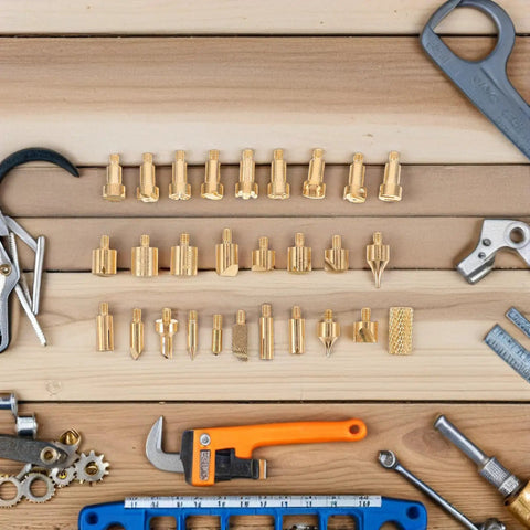 55Pcs Wood Burning Tool Set with metal engraving nibs and replacement tips for pyrography and woodcrafts on a wooden surface.