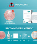 Instruction for applying Transparent Film Dressing 50 Pack No Hassle Waterproof Clear Bandages 4 By 5 Inches Hypoallergenic Latex Free Adhesive Wound Cover