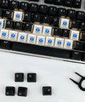 Blue Clicky Mechanical Keyboard Switches Kit 120 Pack, 3 Pin, 50gf Actuation, Dustproof and Water Resistant, Clear Housing for LED Backlit Gaming Keyboards and 3D Printing Projects, Easy Install, Durable, High Quality Feel installed on a black keyboard with keycaps removed