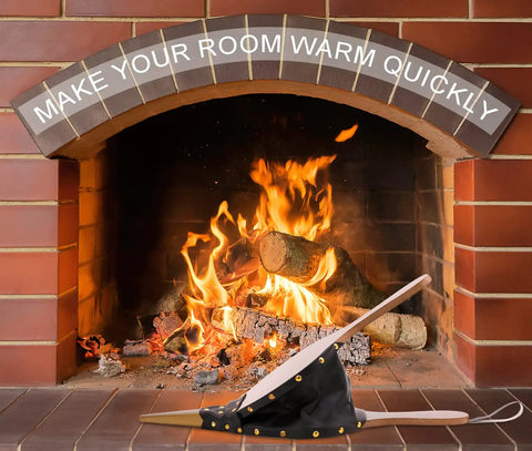 Top Shelf Wooden Fireplace Bellows With Heavy Leather Strap Brown Air Blower Pump for campfires, 17x7.5 inches in front of a fireplace.