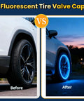 Comparison of car with and without Glow In The Dark Tire Valve Caps 20 Pack Fluorescent Valve Stem Caps Blue For Cars SUVs Bikes Motorcycles Trucks Universal Fit Night Visibility Cool Gift Idea