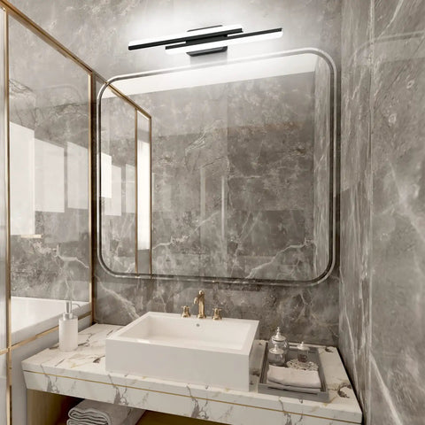 32 Inch Black LED Vanity Light For Bathroom With Frosted Aluminum Finish above modern sink