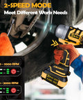 Badass Half Inch Brushless Cordless Impact Wrench Killer Performance 650 Ft Lbs Torque shown in use with dual speed mode settings.