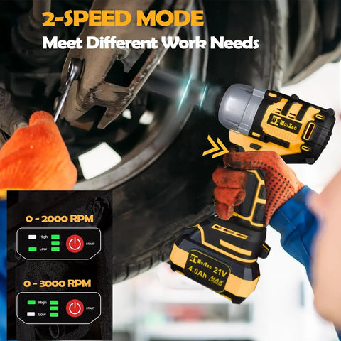 Badass Half Inch Brushless Cordless Impact Wrench Killer Performance 650 Ft Lbs Torque shown in use with dual speed mode settings.