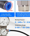 Industrial Quick Connect Air Fittings Kit 78 Piece Set For One Eighth One Quarter Five Sixteenths Three Eighths And One Half Inch Hoses Includes Push Lock And Quick Release For Air Compressor Systems Built With Nickel Plated Brass And PBT For Your Shop, 360° rotating fitting, NPT thread