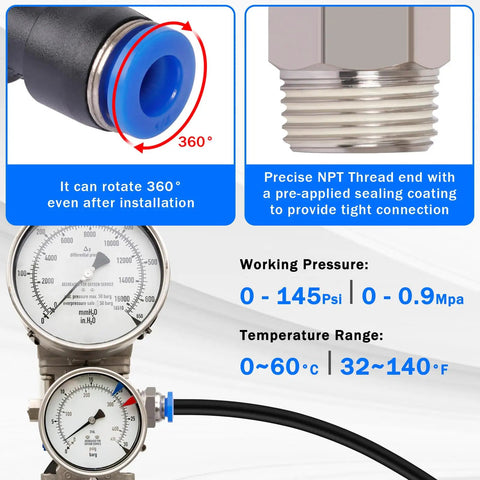 Industrial Quick Connect Air Fittings Kit 78 Piece Set For One Eighth One Quarter Five Sixteenths Three Eighths And One Half Inch Hoses Includes Push Lock And Quick Release For Air Compressor Systems Built With Nickel Plated Brass And PBT For Your Shop, 360° rotating fitting, NPT thread