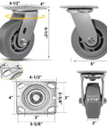 5 Inch Heavy Duty Swivel Caster Wheels Set Of 4 For Carts Industrial Use With Thermoplastic Rubber Wheels, close-up with dimensions
