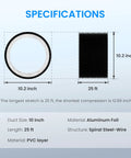 Specifications of Beefed Up 10 Inch Dryer Vent Hose 25 Feet Flexible Aluminum Duct with dimensions and materials listed.