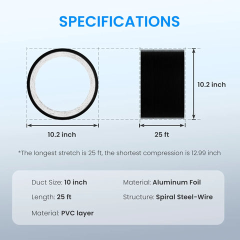 Specifications of Beefed Up 10 Inch Dryer Vent Hose 25 Feet Flexible Aluminum Duct with dimensions and materials listed.