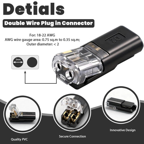 Double Wire Plug In Connector For Low Voltage LED Strips 2 Pin Quick Connect Wire Connectors For 18-22 AWG Easy No Fuss Install And Secure Fit Reusable Light Strip Connector Clips Pack Of 100, featuring a close-up of black and transparent connector with secure fit.
