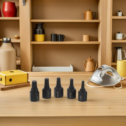 Hot 5 Piece Black Carbon Steel Bolt Extractor Kit For Broken Screw Removal Tool Set With Precision Hex Grip 1/8 To 1/4 Inch Size That Gets The Job Done Easy, five black extractors on table