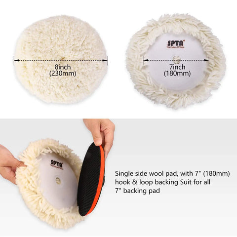 Eight Inch 100 Percent Natural Wool Buffing Pads Set Pro Grade With Hook And Loop Backing For Car Polishing And Cutting Comes With Five Eighths Eleven Thread Backing Plate showing front and back of the pad.
