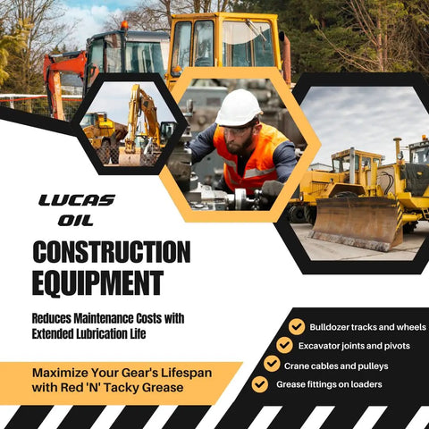 Lucas Oil construction equipment poster highlighting Heavy Duty Red Lithium Complex Grease For High Pressure Joints And Machinery