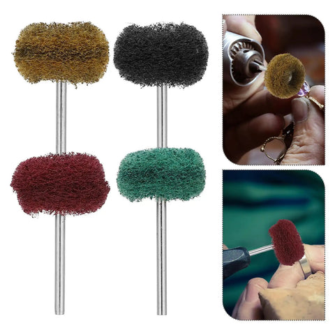 Trendy 100 Piece Mini Buffing Wheel Kit With T-Shaped Design For Drills with assorted colored scouring pads for jewelry polishing.